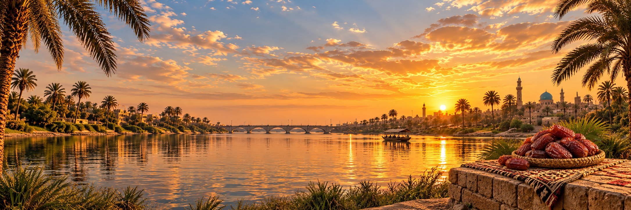 Iraqi riverside with date palms at sunset