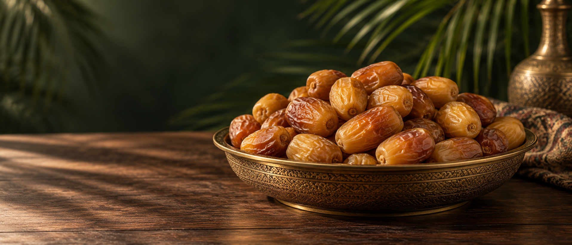 A brass bowl filled with clean golden Zahdi dates